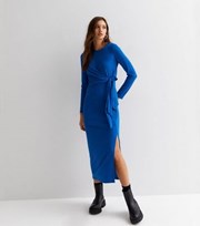 New Look Bright Blue Ribbed Jersey Tie Side Long Sleeve Midi Dress
